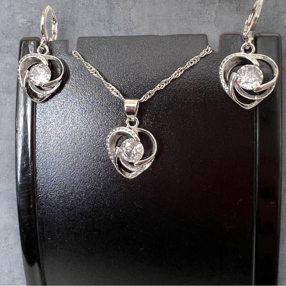 Silver and Clear CZ heart earrings/pendant set stamped .925 & matching necklace - Picture 3 of 5
